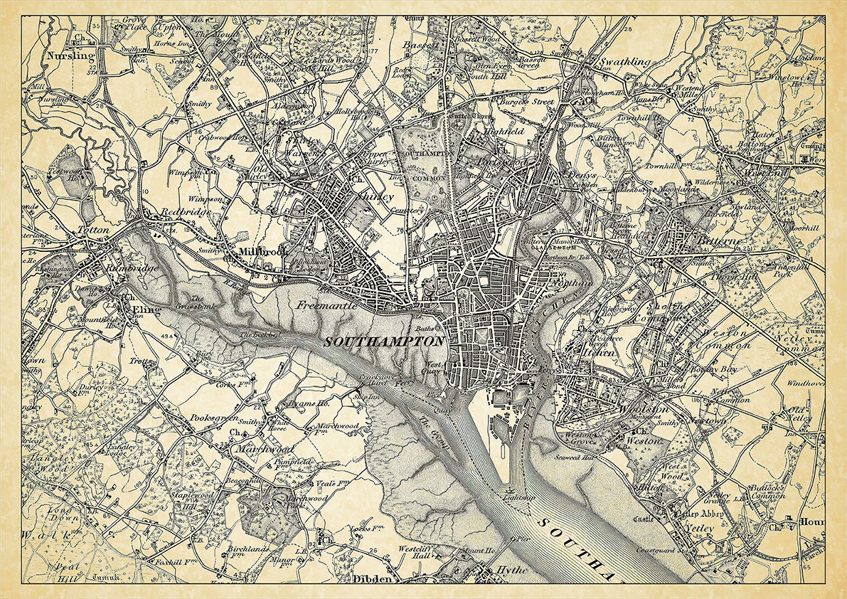 Southampton in 1898, showing the town and the surrounding area