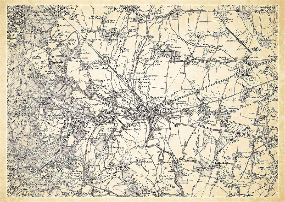 Staines in 1898, showing the town and the surrounding area