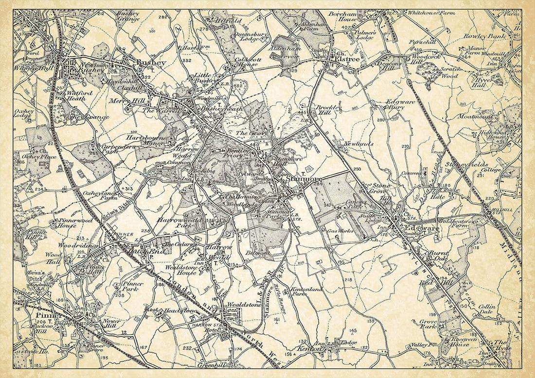 Stanmore and Edgware in 1898, showing the town and the surrounding are ...