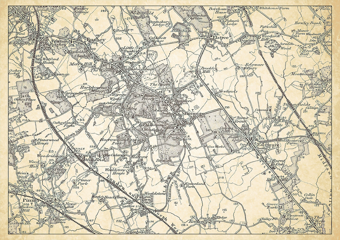 Stanmore and Edgware in 1898, showing the town and the surrounding area