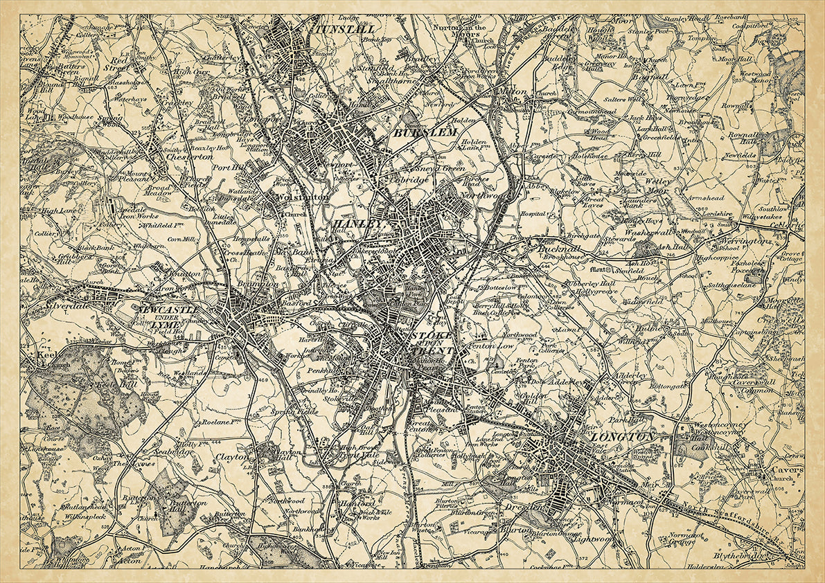 Stoke on Trent in 1898, showing the town and the surrounding area