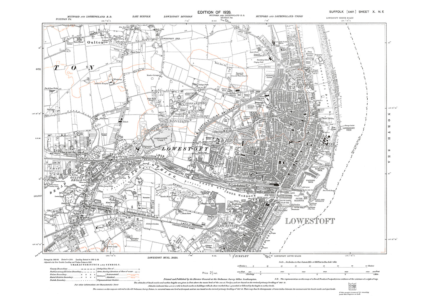 Lowestoft, Normanston, Oulton Broad, Oulton, old map Suffolk 1928: 10NE