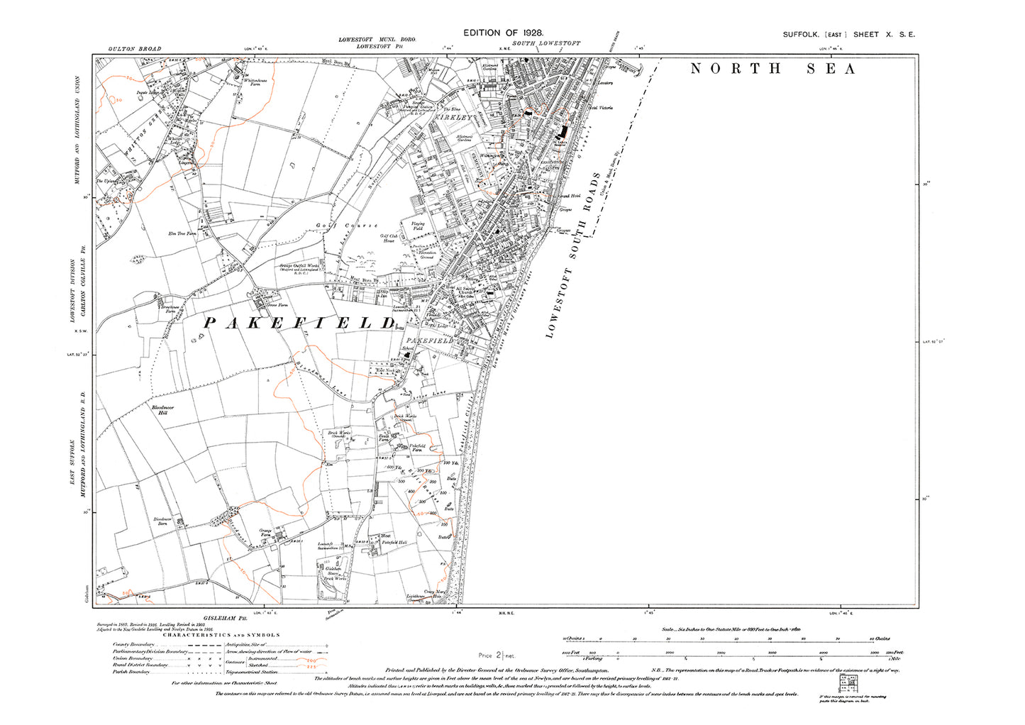 South Lowestoft, Kirkley, Pakefield, old map Suffolk 1928: 10SE