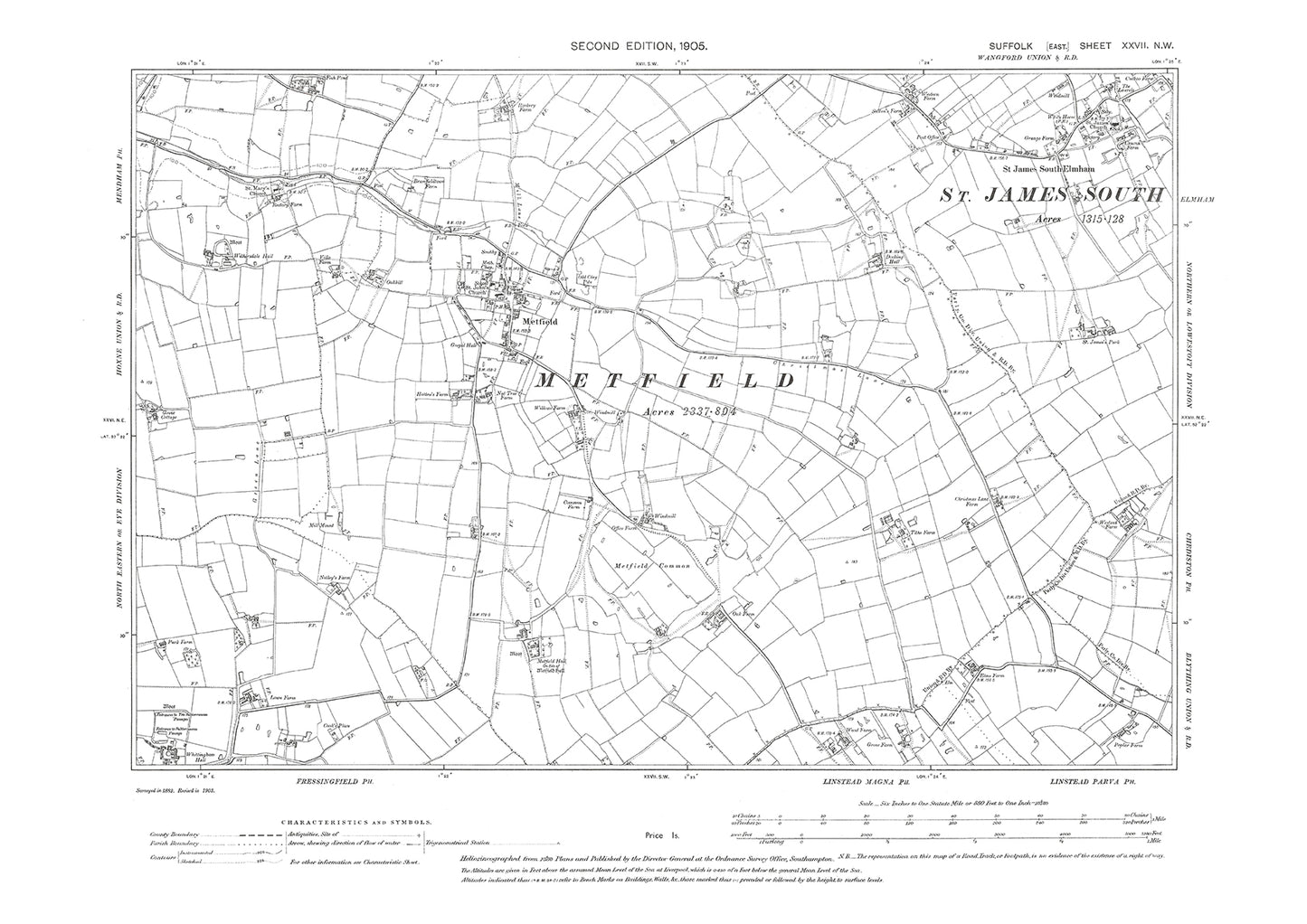 Metfield, St James South Elmham, old map Suffolk 1905: 27NW