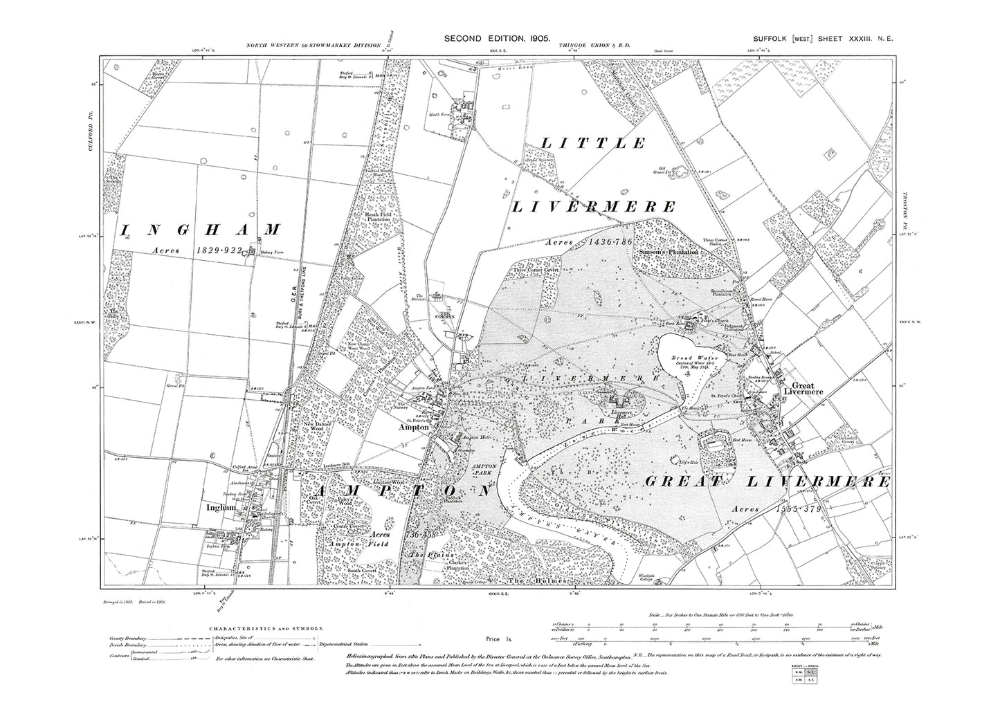 Ampton, Ingham, Great Livermere, old map Suffolk 1905: 33NE