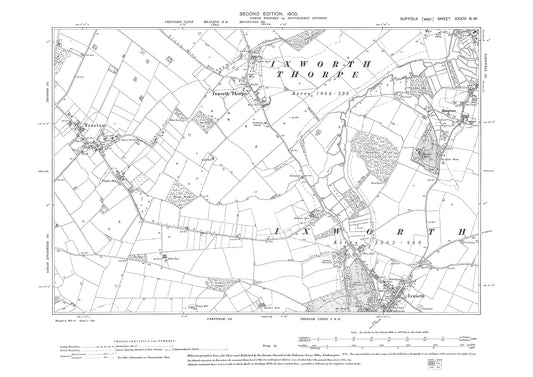 Bardwell (west), Ixworth Thorpe, Ixworth (north), Troston, old map Suffolk 1905: 34NW