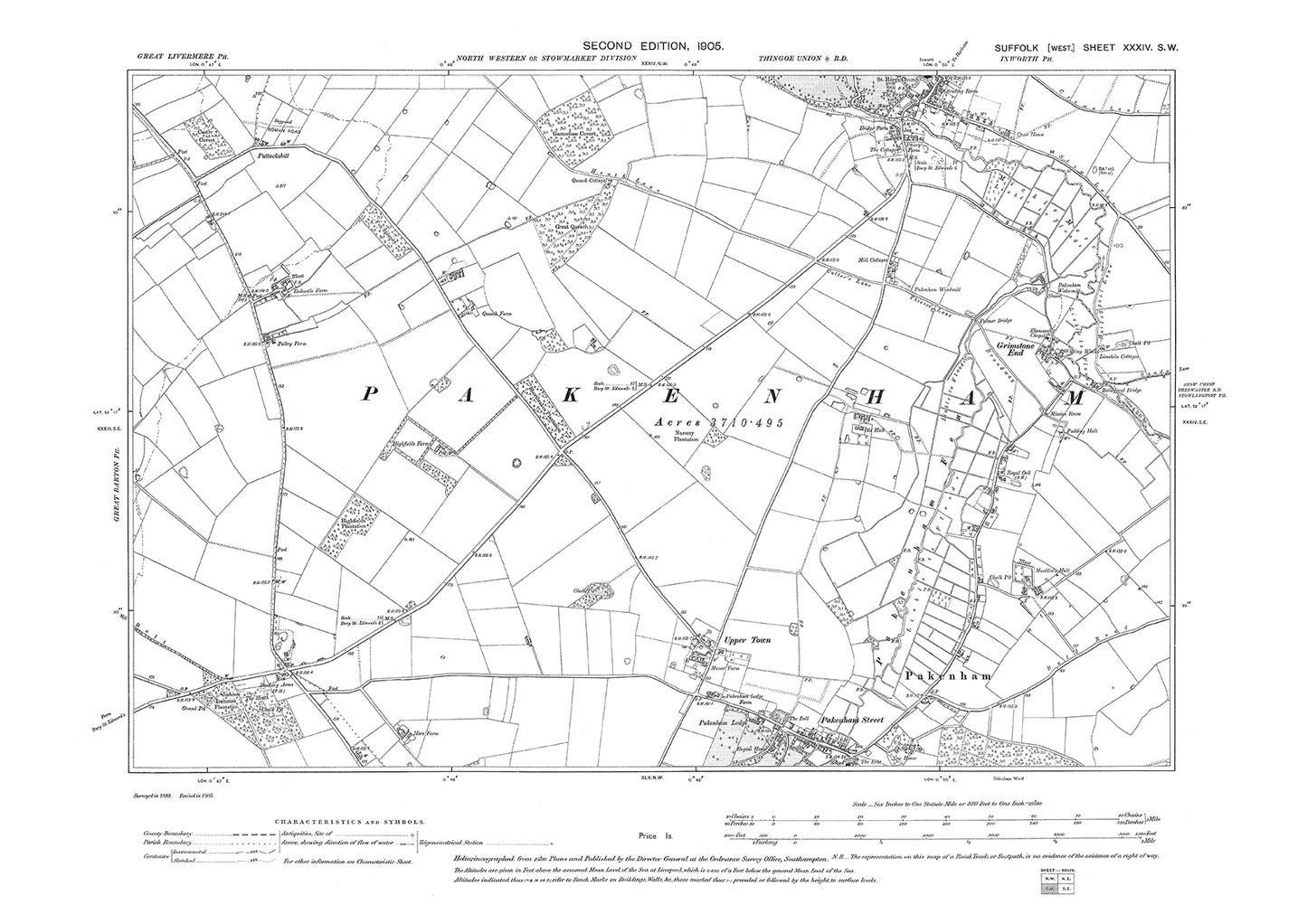 Ixworth (south), Pakenham (north), Grimstone End, old map Suffolk 1905 ...