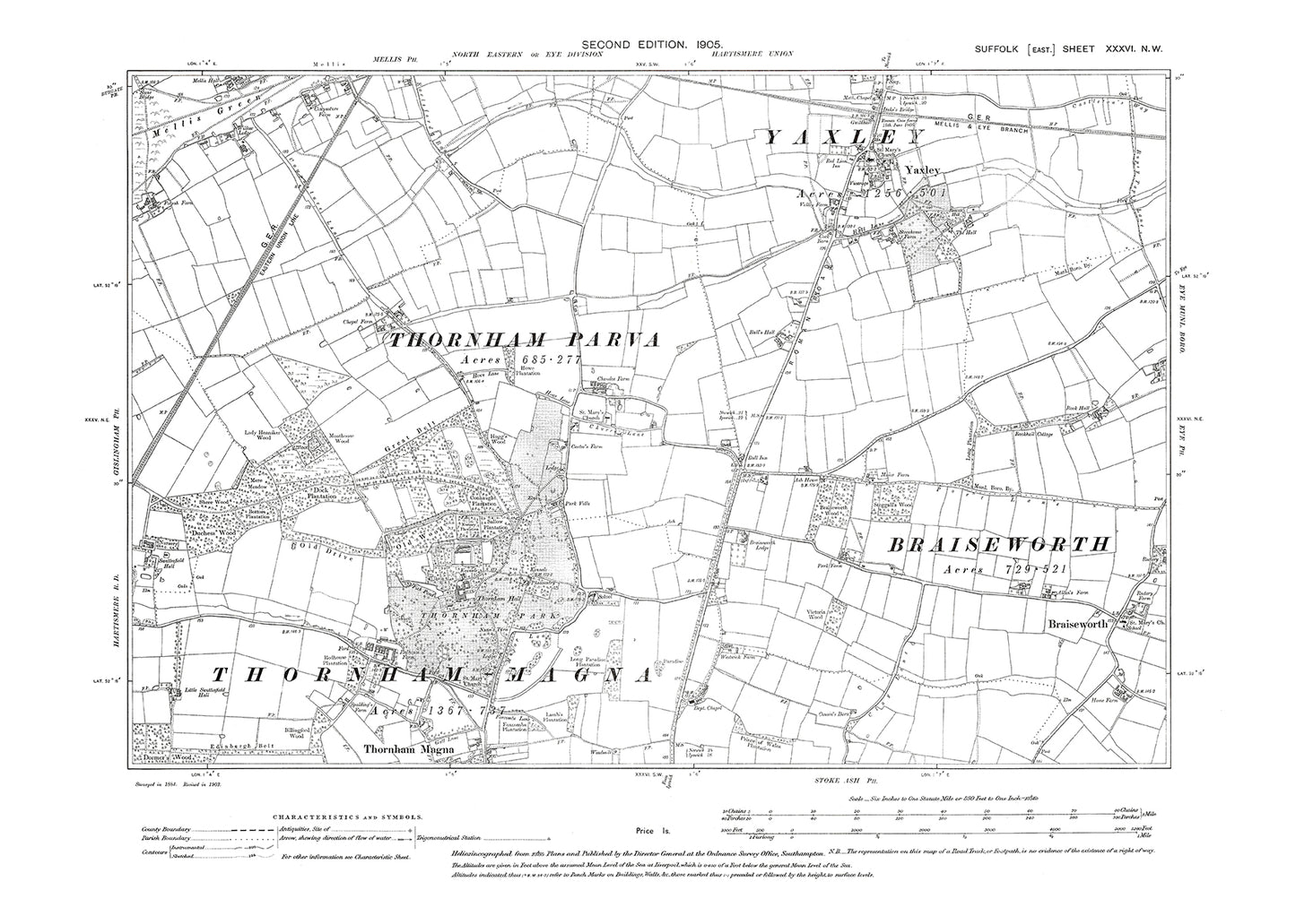 Yaxley, Braiseworth, Thornham Parva & Magna (north), old map Suffolk 1905: 36NW