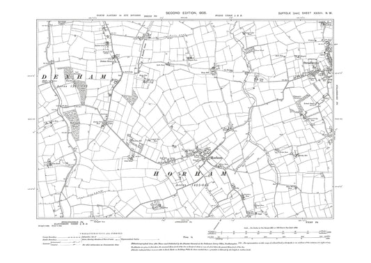 Horham, Stradbroke (west), Denham Green, old map Suffolk 1905: 37NW