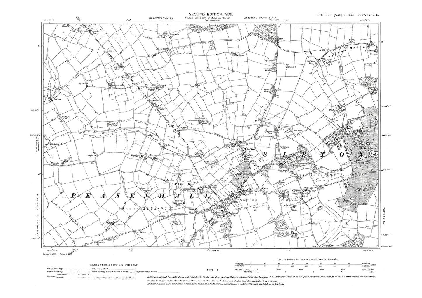 Peasenhall, Sibton, Poys Street, old map Suffolk 1905: 38SE