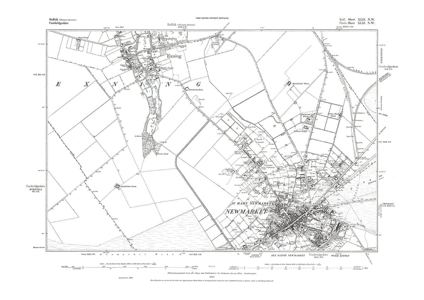 Newmarket, Exning, old map Suffolk 1885: 42NW