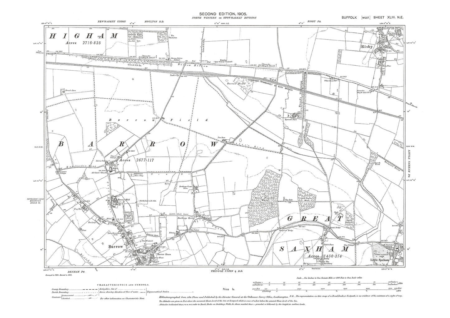 Barrow (north), Risby (south), old map Suffolk 1905: 43NE