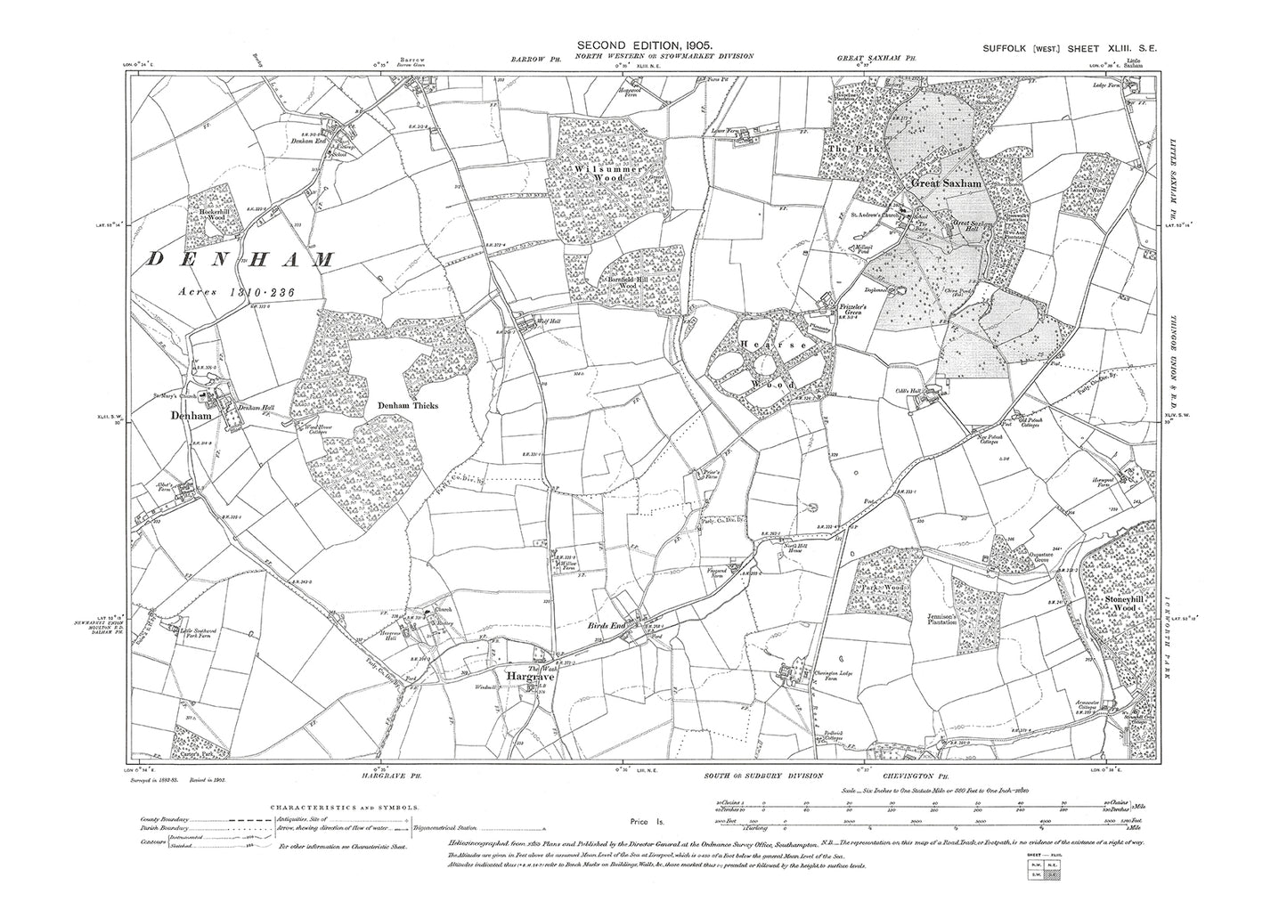 Denham, Great Saxham, Hargrave, old map Suffolk 1905: 43SE