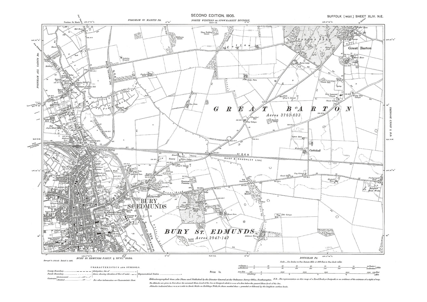 Bury St Edmunds, Great Barton, old map Suffolk 1905: 44NE