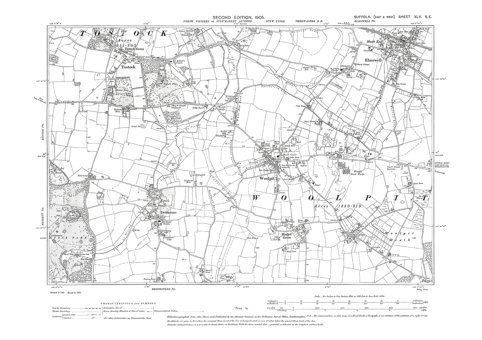 Woolpit, Elmswell, Tostock, Drinkstone, old map Suffolk 1905: 45SE ...