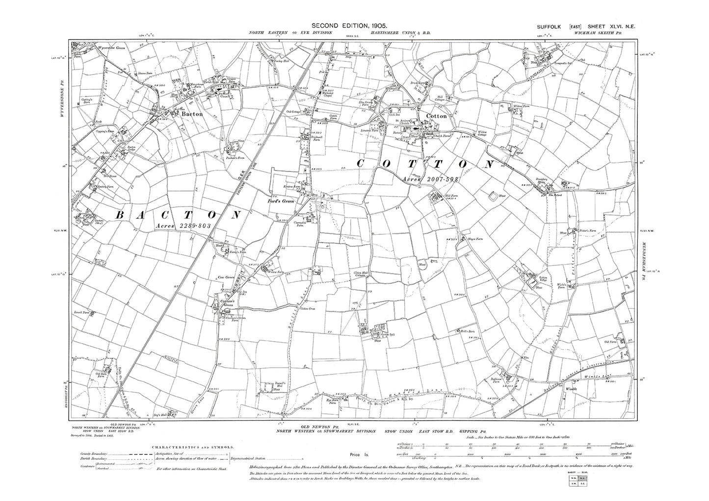 Bacton, Cotton, Ford's Green, old map Suffolk 1905: 46NE