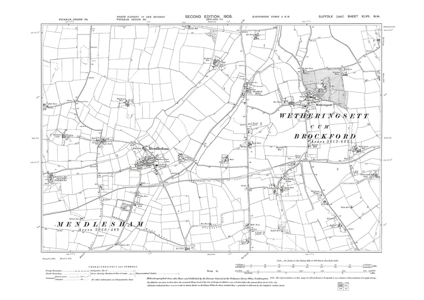Mendlesham, Wetheringsett, Brockford Green, old map Suffolk 1905: 47NW