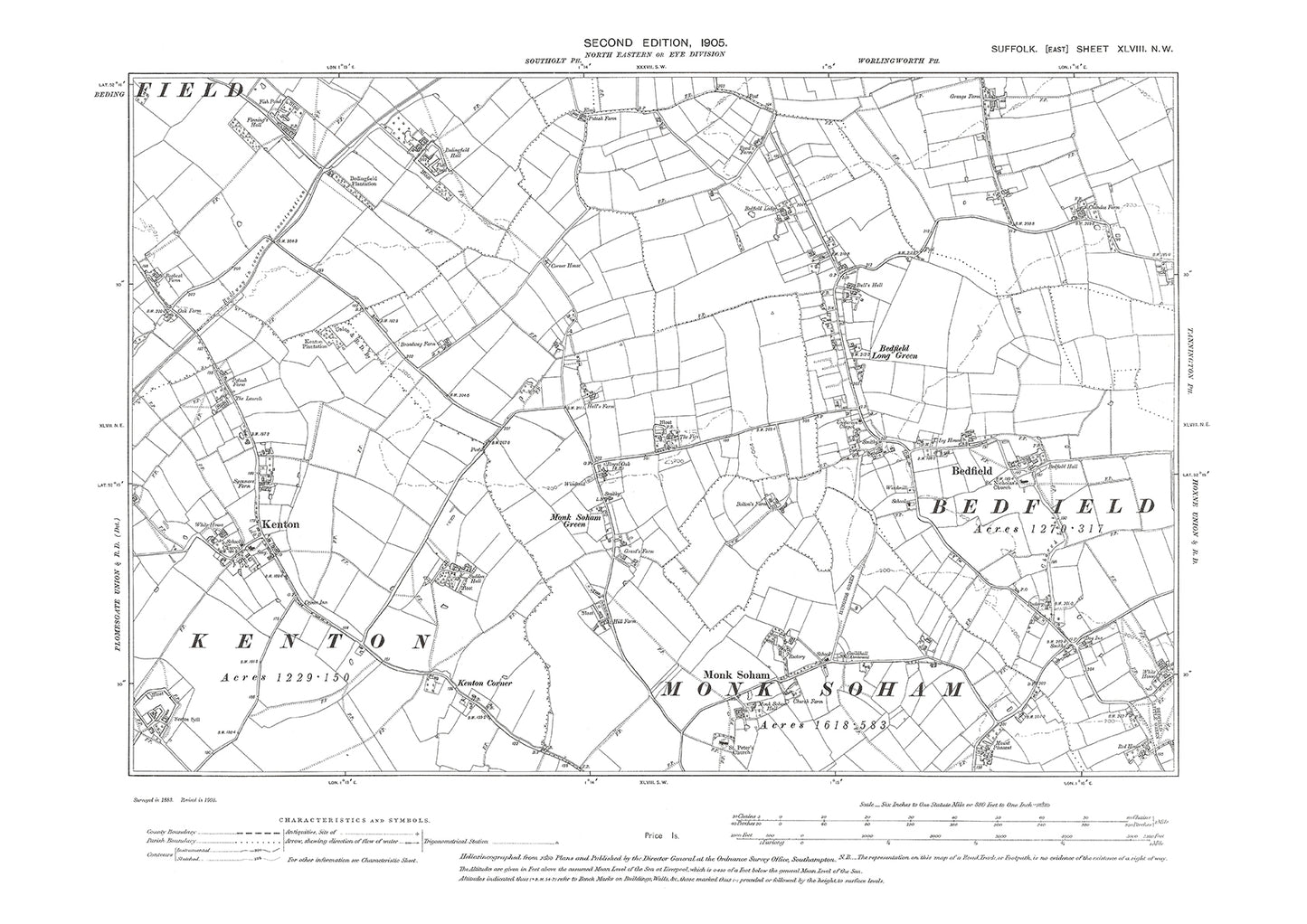 Bedfield, Monk Soham, Kenton, old map Suffolk 1905: 48NW