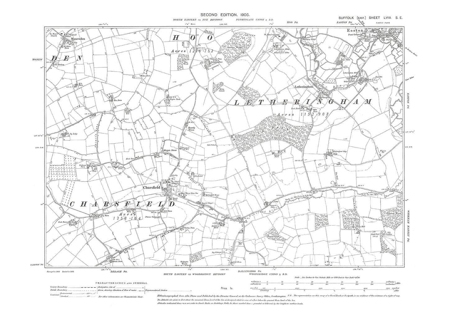 Charsfield, Easton (south), Letheringham, old map Suffolk 1905: 58SE