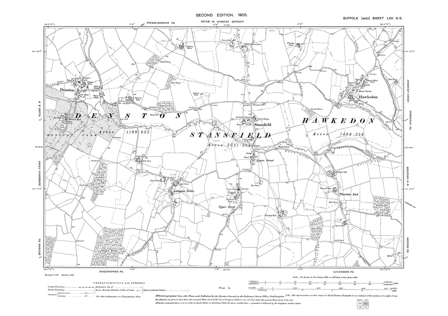 Denston, Hawkedon, Stansfield, Assington Grn, old map Suffolk 1905: 62NE