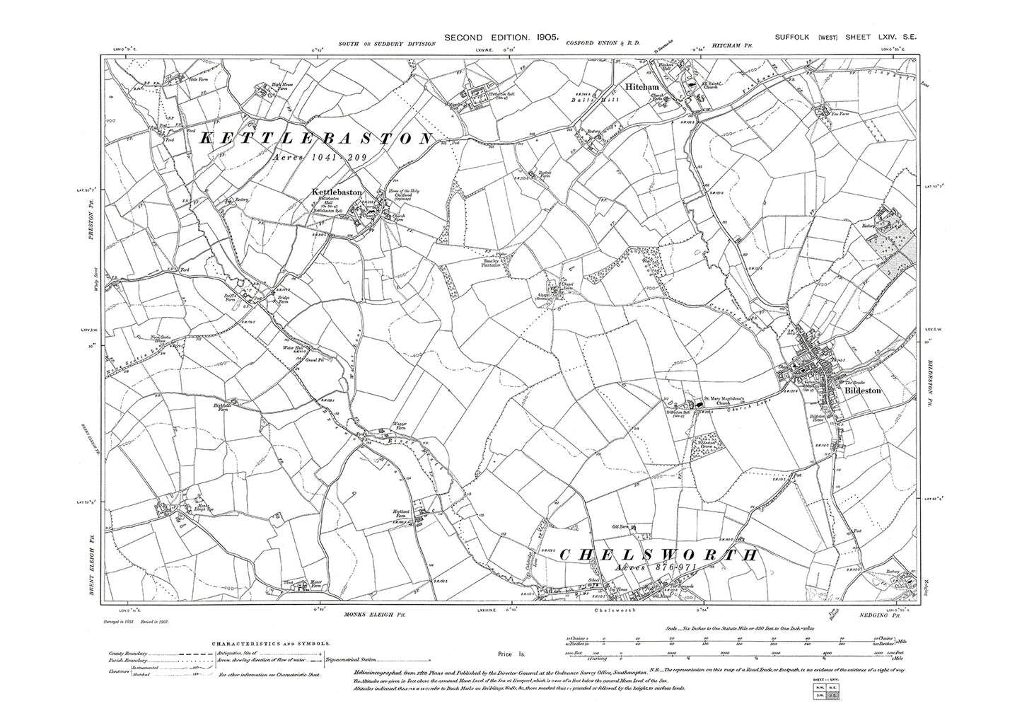 Bildeston, Chelsworth (north), Hitcham, Kettlebaston, old map Suffolk 1905: 64SE