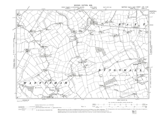 Battisford (west), Ringshall, Wattisham, old map Suffolk 1905: 65NW