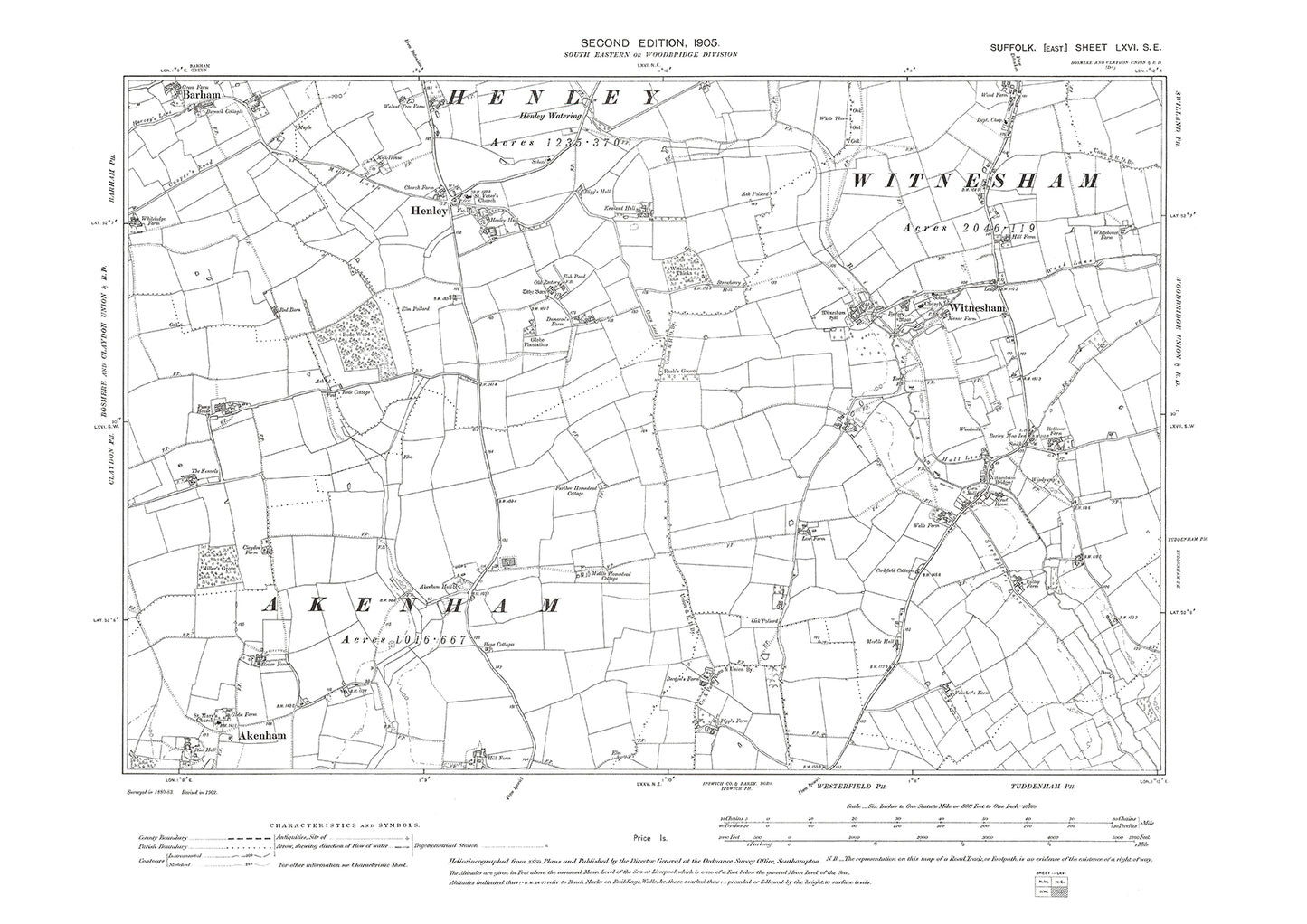 Akenham, Barham, Henley, Witnesham, old map Suffolk 1905: 66SE