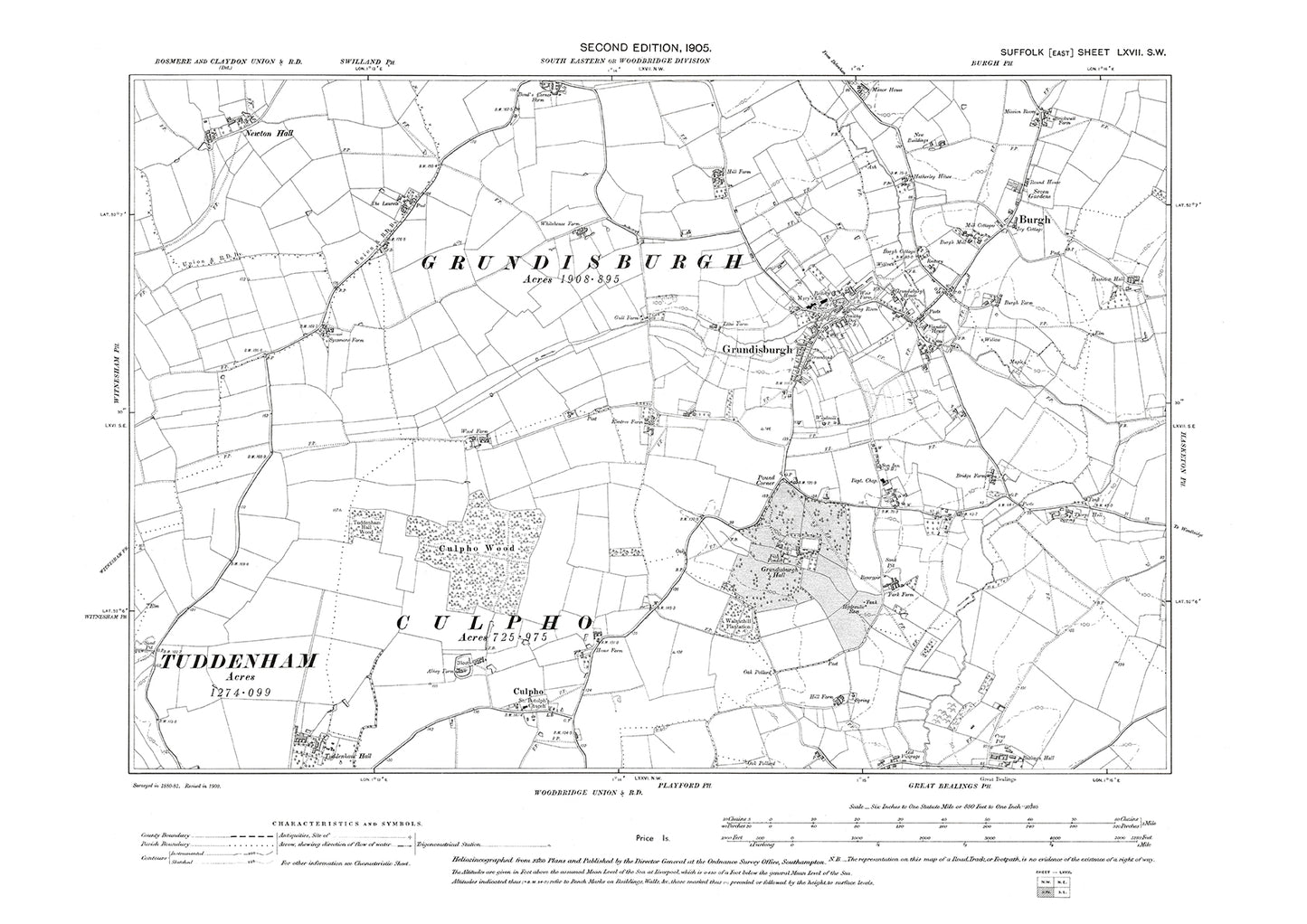 Burgh, Grundisburgh, Great Bealings (north), old map Suffolk 1905: 67SW