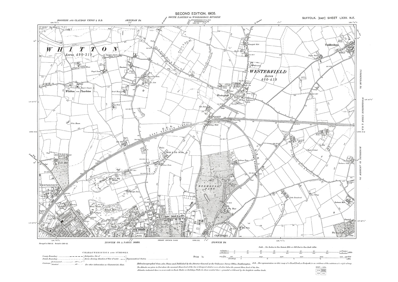 Ipswich (north), Tuddenham, Westerfield, old map Suffolk 1905: 75NE ...