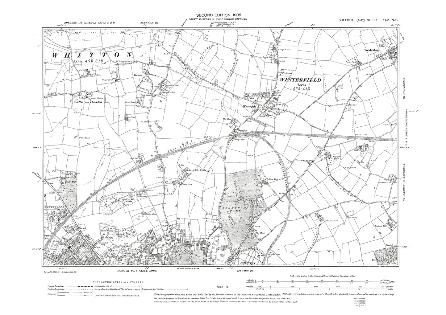 Ipswich (north), Tuddenham, Westerfield, old map Suffolk 1905: 75NE