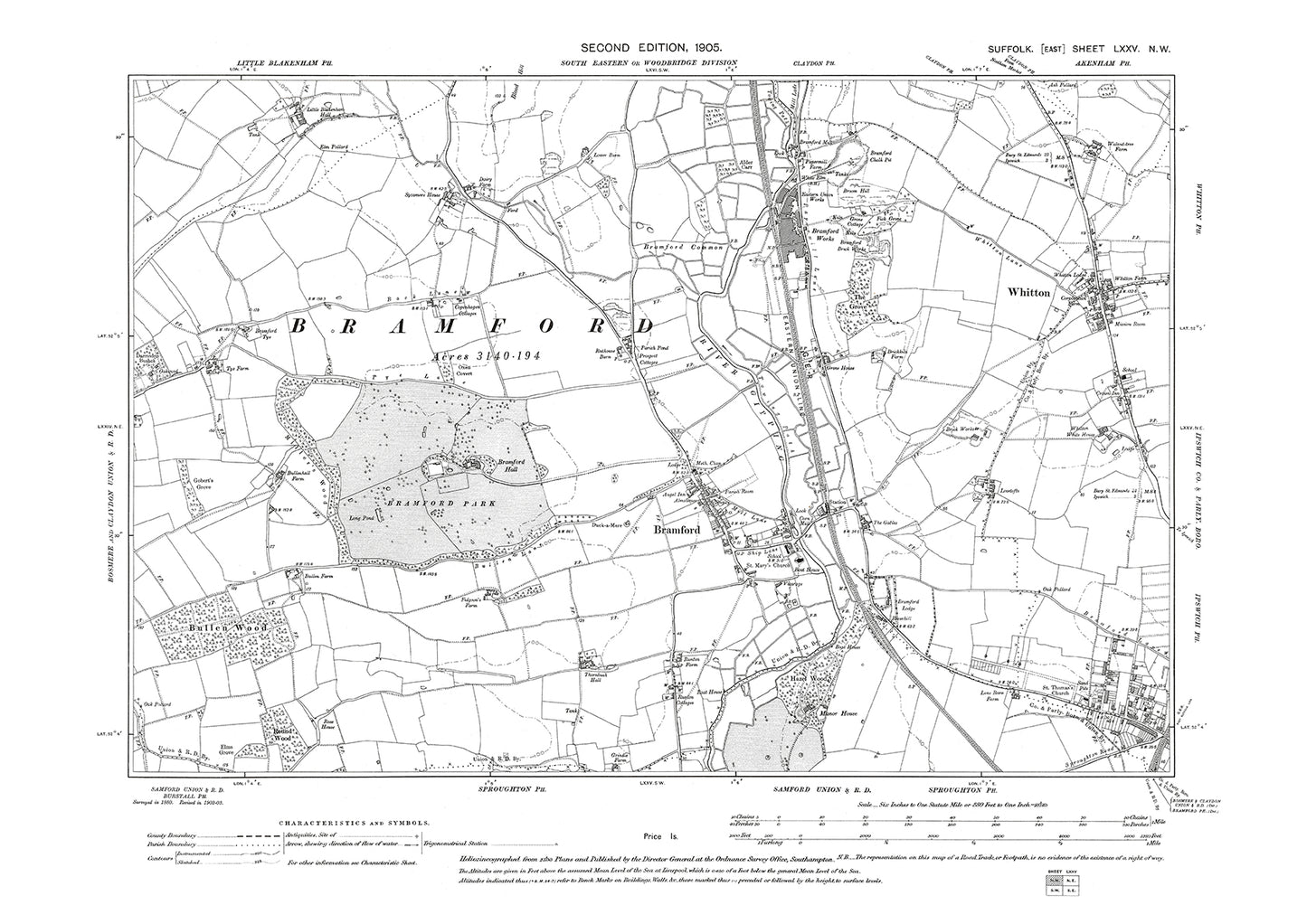 Ipswich (northwest), Bramford, Whitton, old map Suffolk 1905: 75NW