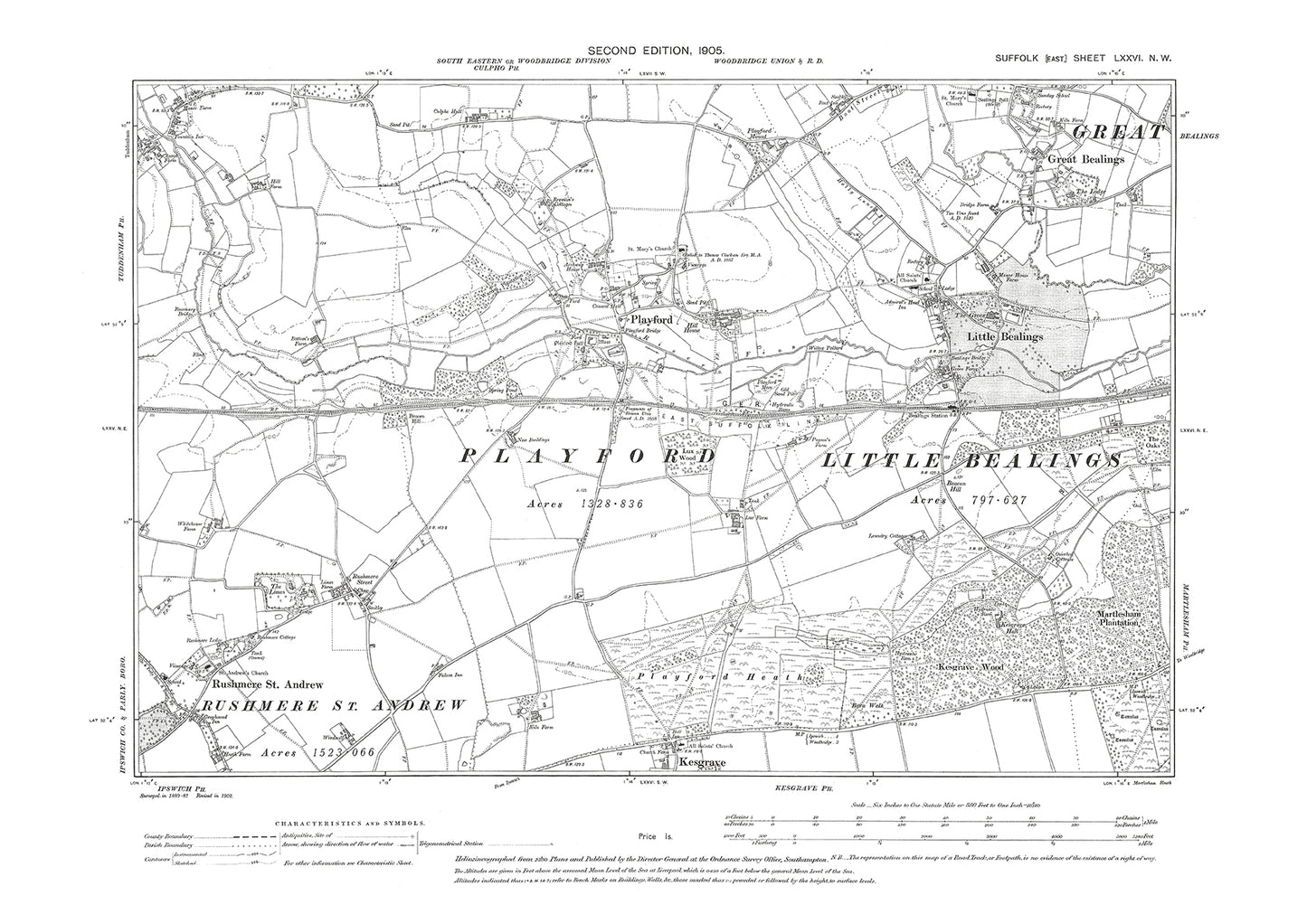 Rushmere St Andrew, Kesgrave north, old map Suffolk 1905: 76NW