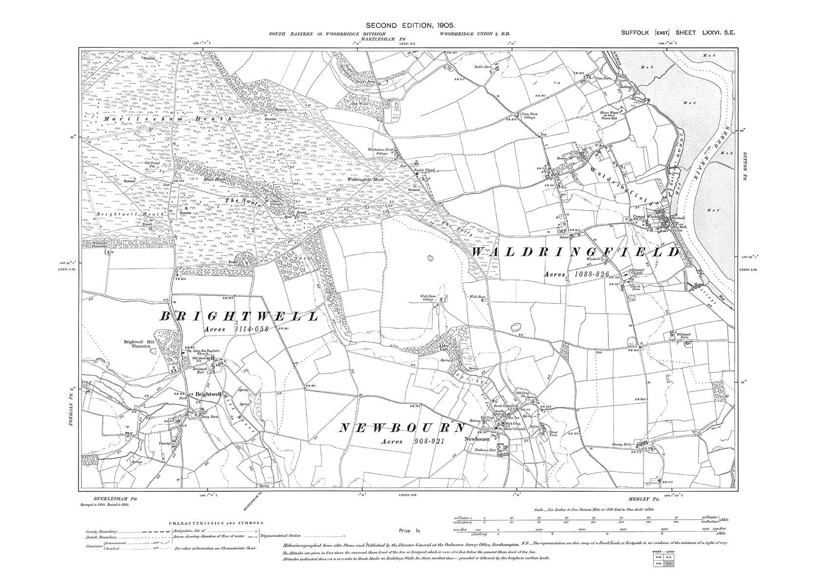 Waldringfield, Newbourn, Brightwell, old map Suffolk 1905: 76SE – Old ...