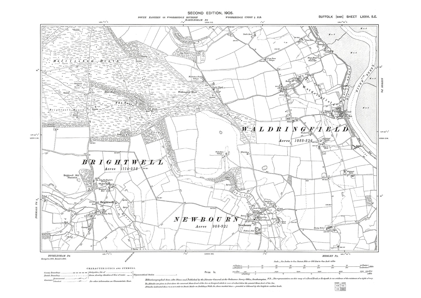 Waldringfield, Newbourn, Brightwell, old map Suffolk 1905: 76SE