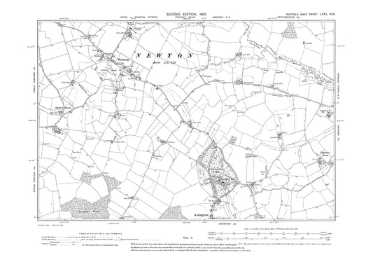 Newton, Assington (north), old map Suffolk 1905: 80NW