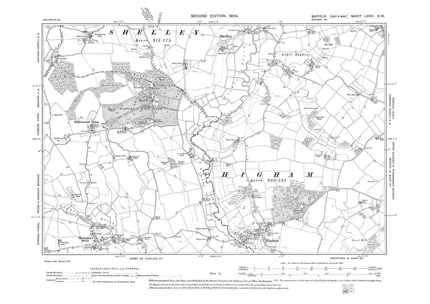 Higham, Shelley, Thorlington St, Lower Roydon, old map Suffolk 1904: 81SW