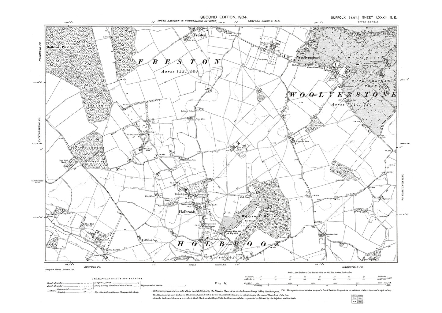 Holbrook, Woolverstone, Freston (south), old map Suffolk 1904: 82SE