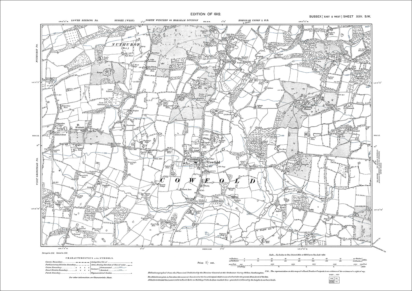 Cowfold, Wallhurst Manor, old map Sussex 1912: 25SW