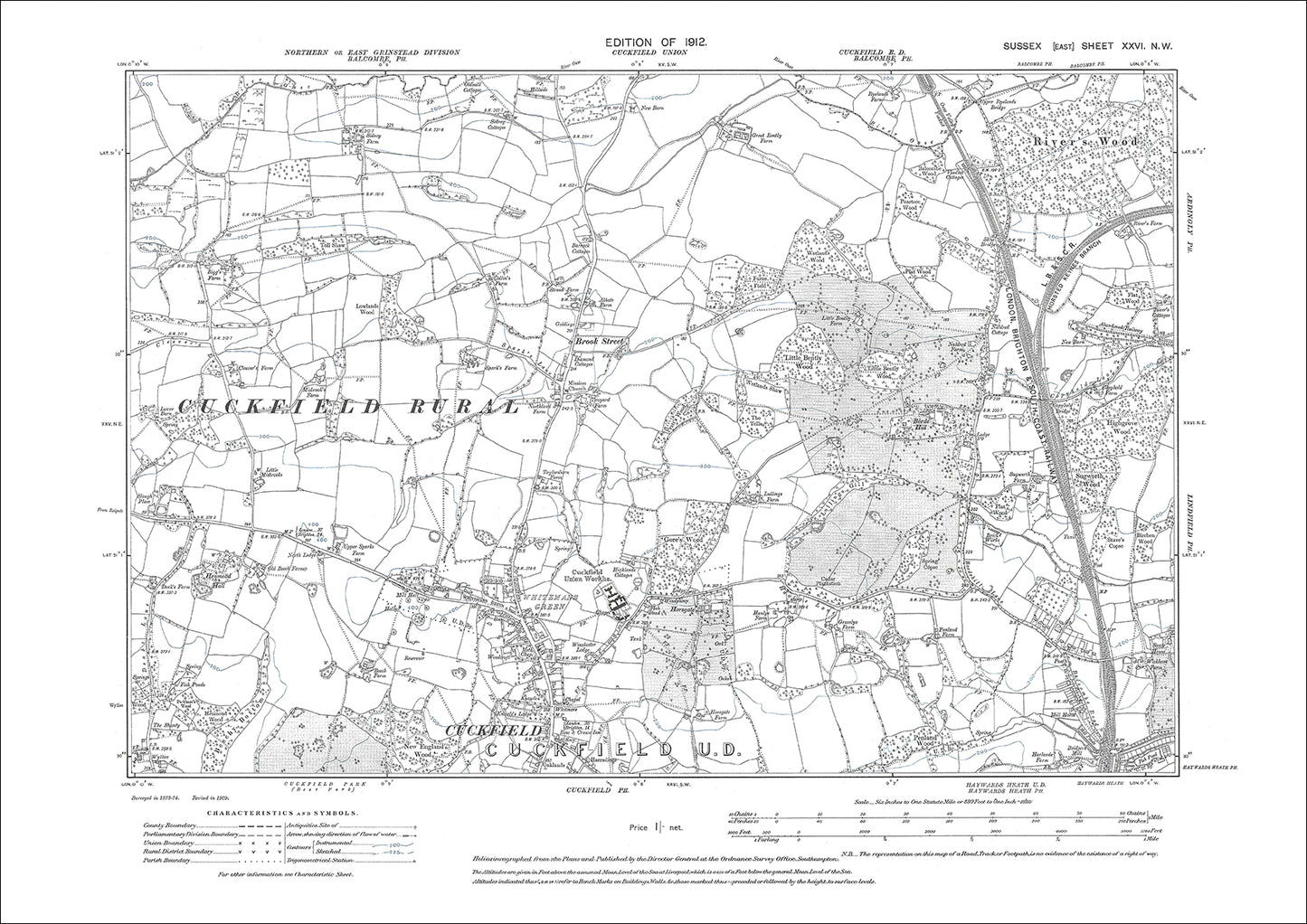 Cuckfield (north), Haywards Heath (northwest), Brook Street, old map Sussex 1912: 26NW