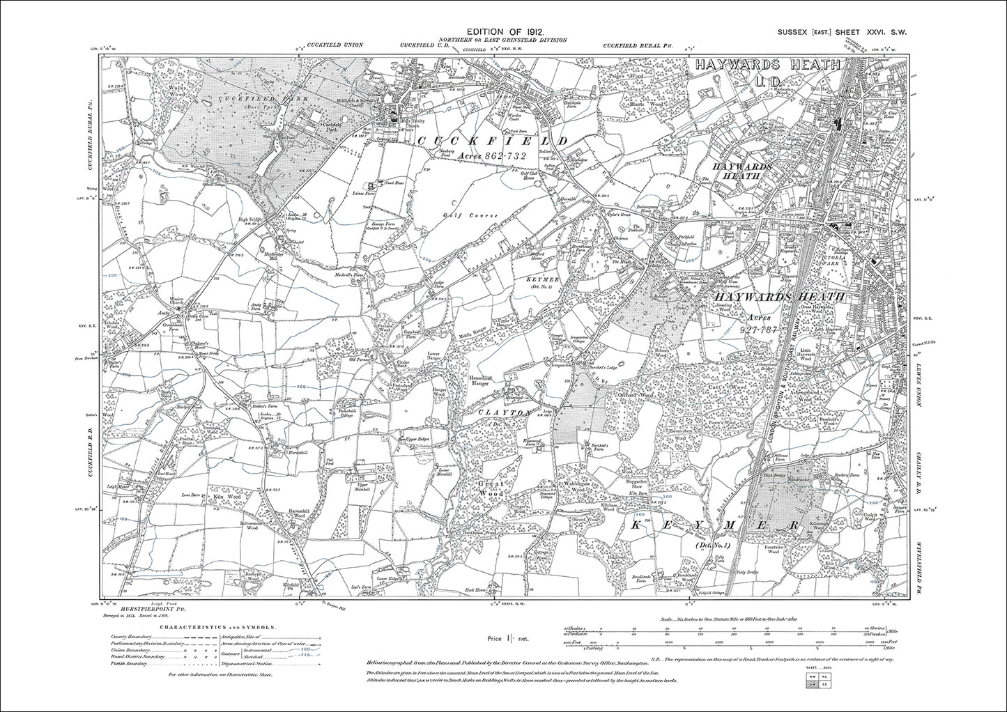 Haywards Heath (west), Cuckfield, old map Sussex 1912: 26SW