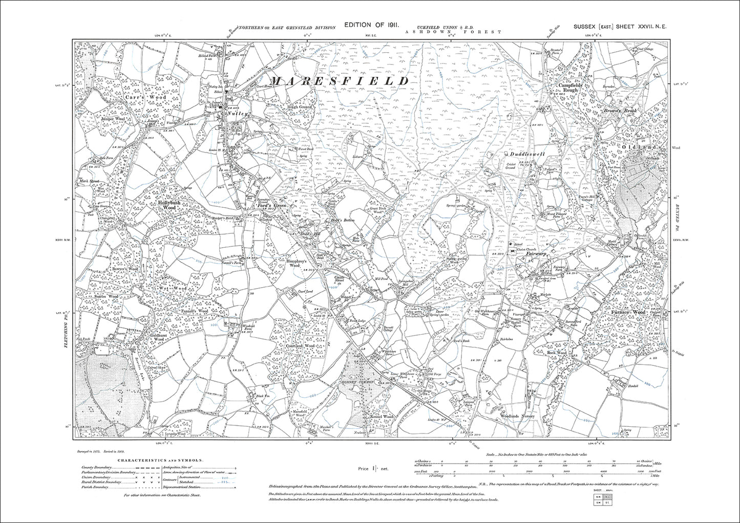 Nutley, Ford's Green, Fairwarp, old map Sussex 1911: 27NE