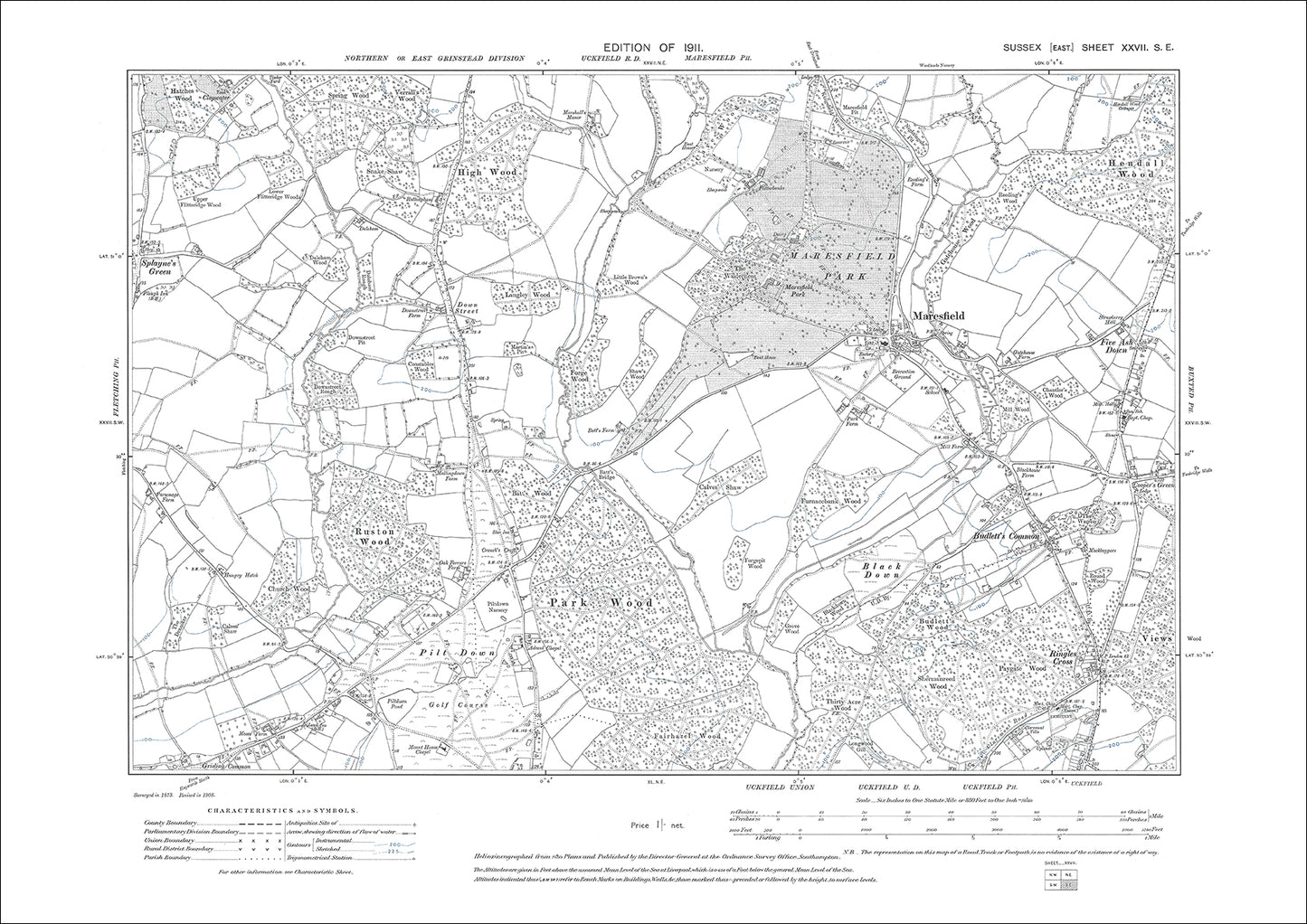 Maresfield, Budlett's Common, Ringles Cross, Pilt Down, old map Sussex 1911: 27SE