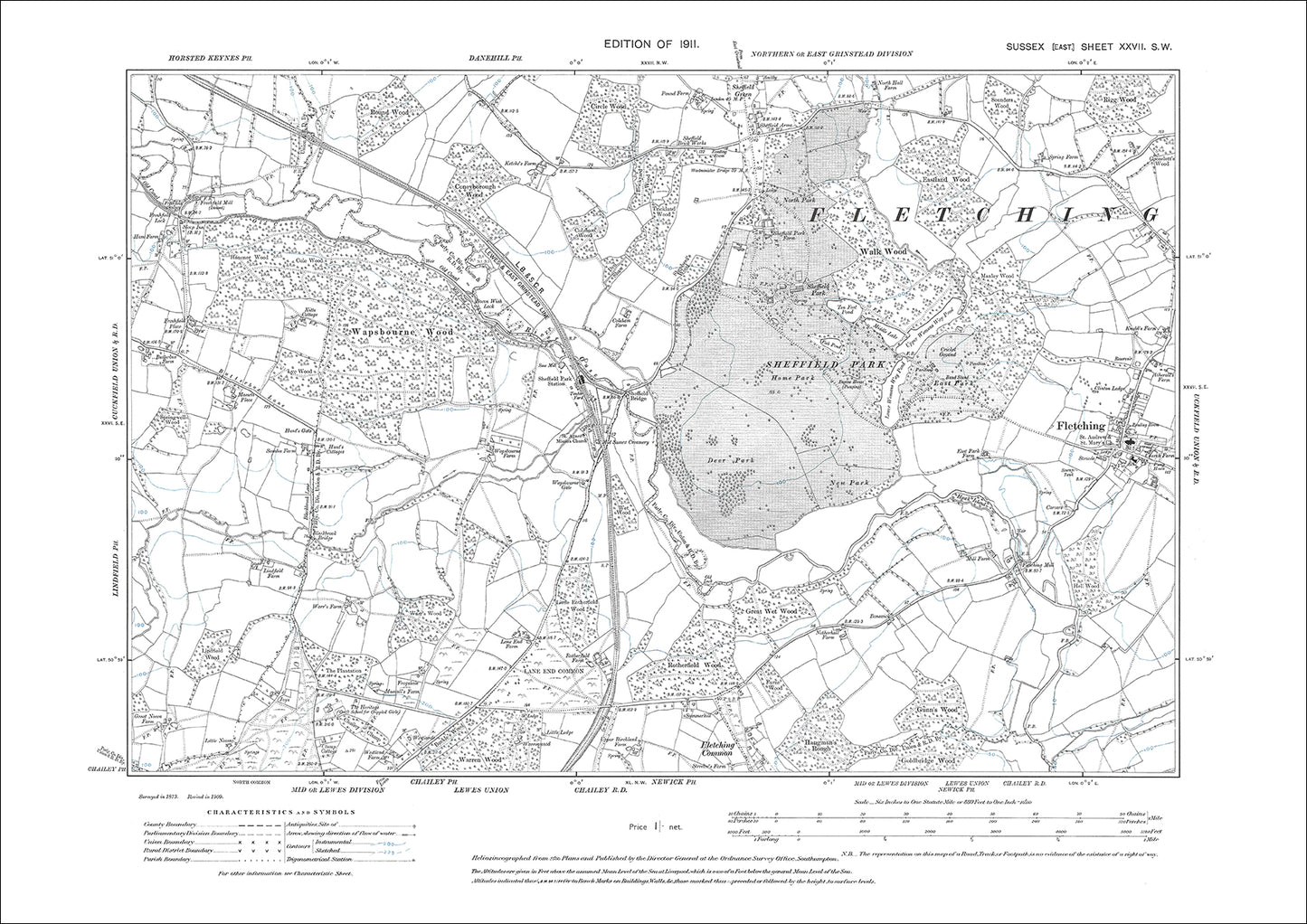 Fletching Sheffield Park, old map Sussex 1911: 27SW