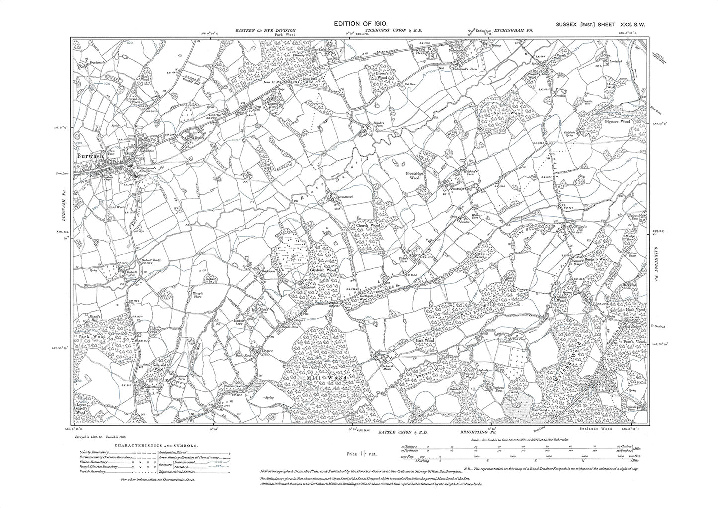 Burwash, Etchingham (south), old map Sussex 1910: 30SW