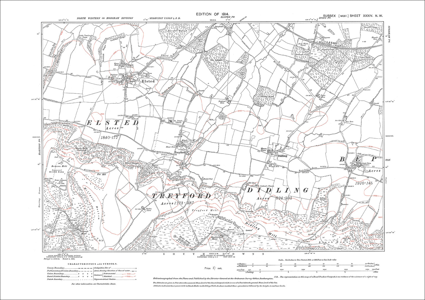Elsted, Treyford, Didling, old map Sussex 1914: 34NW