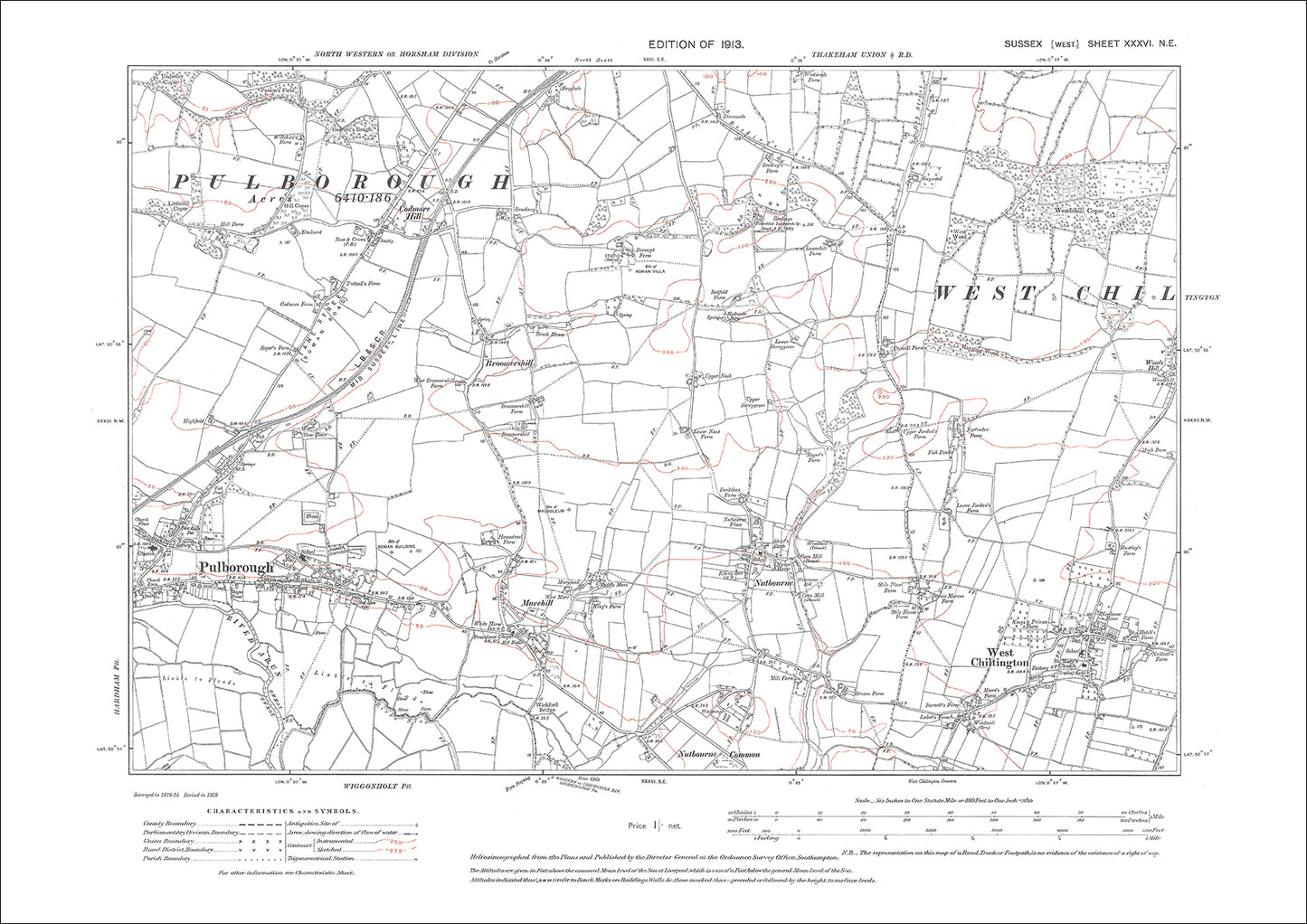 Pulborough, Codmore Hill, West Chiltington, Nutbourne, old map Sussex 1913: 36NE