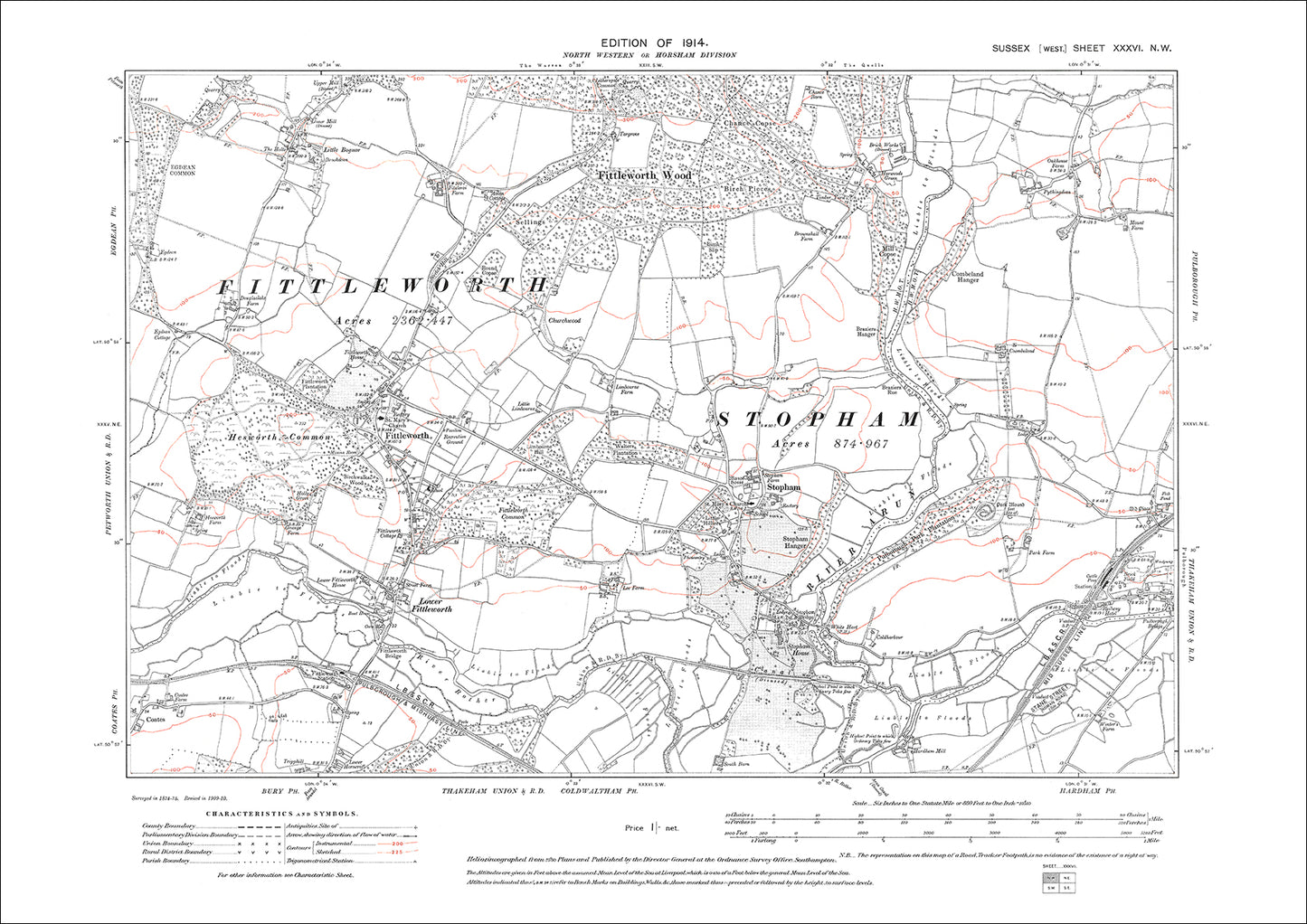 Pulborough (west), Stopham, Fittleworth, Little Bognor, old map Sussex 1914: 36NW