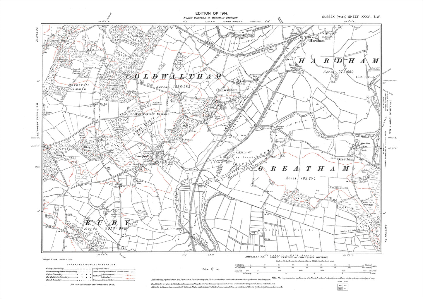 Greatham, Hardham, Coldwaltham, Watersfield, old map Sussex 1914: 36SW