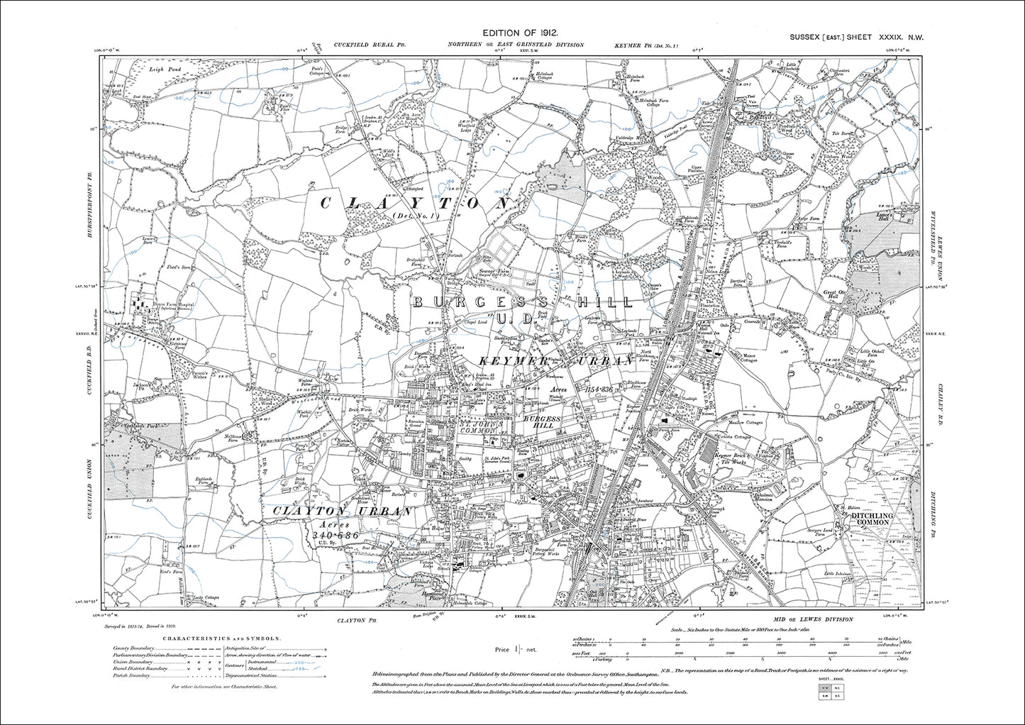 Burgess Hill, Keymer, Clayton, old map Sussex 1912: 39NW