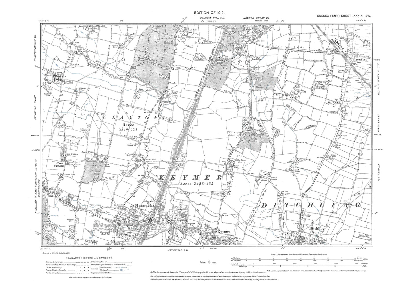 Hassocks, Keymer (north), Ditchling (north), old map Sussex 1912: 39SW